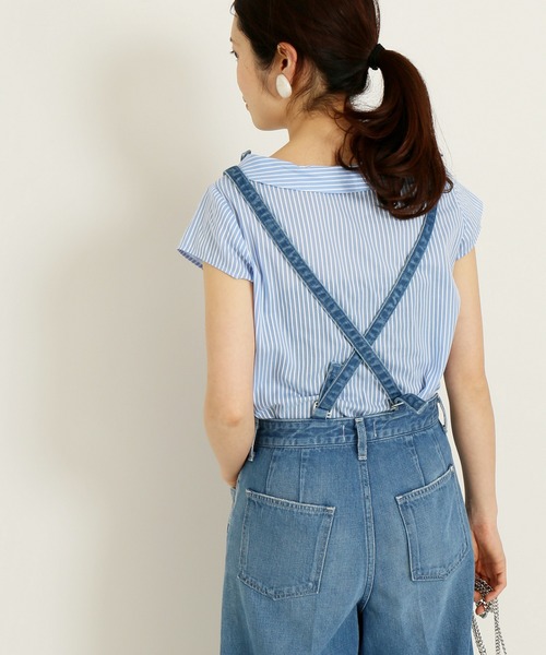 IENA - イエナ SOMELOS ショートシャツ 長袖 ストライプ 比翼仕立て 36 青 IENA｜イエナのシャツ/ブラウス（ブルー・ネイビー/青色系）通販