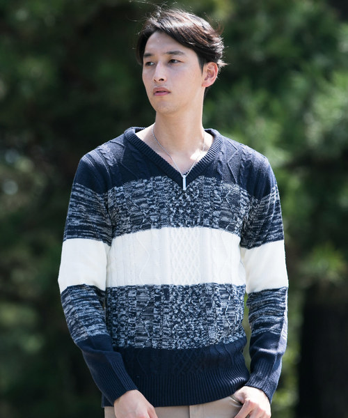 TopIsm(トップイズム)の「ケーブル編み配色切替Vネックニットセーター(ニット/セーター・メンズ・A/B/C・LL/M/L)」の1枚目の写真