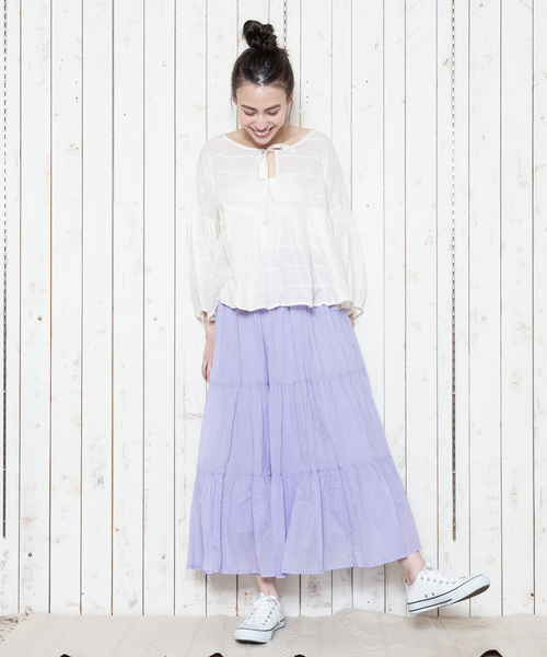 THE MORNING AFTER（ザ モーニング アフター）の「ふんわり マキシ丈 ティアードスカート（スカート・レディース・ネイビー/オフホワイト/カーキ/イエロー/ラベンダー/ターコイズブルー・FREE）」の5枚目の写真