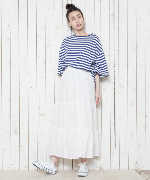 THE MORNING AFTER（ザ モーニング アフター）の「ふんわり マキシ丈 ティアードスカート（スカート・レディース・ネイビー/オフホワイト/カーキ/イエロー/ラベンダー/ターコイズブルー・FREE）」の2枚目の写真