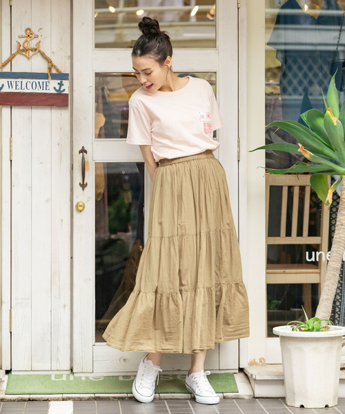 THE MORNING AFTER（ザ モーニング アフター）の「ふんわり マキシ丈 ティアードスカート（スカート・レディース・ネイビー/オフホワイト/カーキ/イエロー/ラベンダー/ターコイズブルー・FREE）」の3枚目の写真