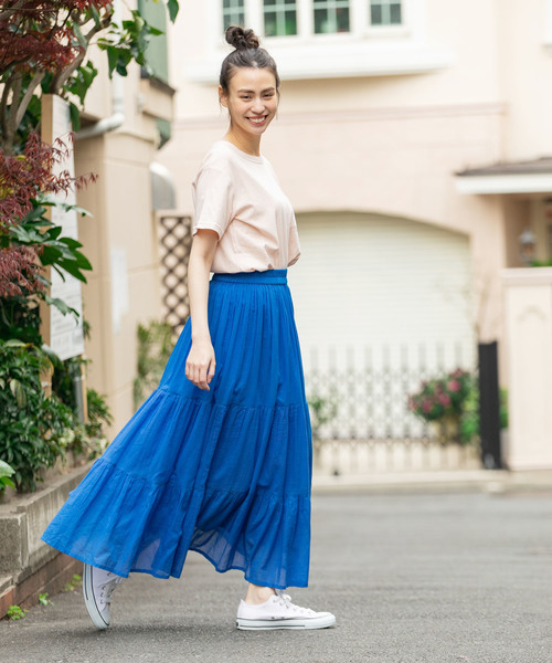 THE MORNING AFTER（ザ モーニング アフター）の「ふんわり マキシ丈 ティアードスカート（スカート・レディース・ネイビー/オフホワイト/カーキ/イエロー/ラベンダー/ターコイズブルー・FREE）」の4枚目の写真