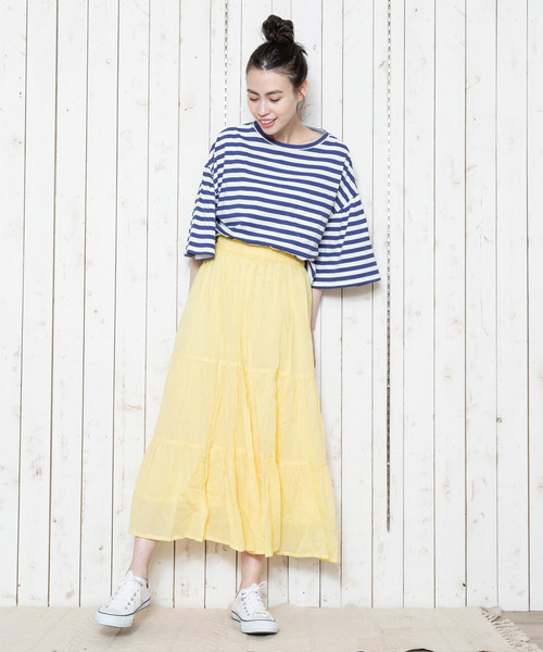 THE MORNING AFTER（ザ モーニング アフター）の「ふんわり マキシ丈 ティアードスカート（スカート・レディース・ネイビー/オフホワイト/カーキ/イエロー/ラベンダー/ターコイズブルー・FREE）」の6枚目の写真