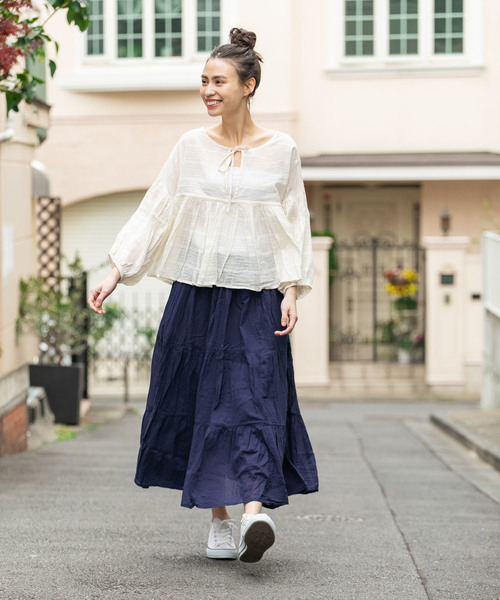 THE MORNING AFTER（ザ モーニング アフター）の「ふんわり マキシ丈 ティアードスカート（スカート・レディース・ネイビー/オフホワイト/カーキ/イエロー/ラベンダー/ターコイズブルー・FREE）」の20枚目の写真