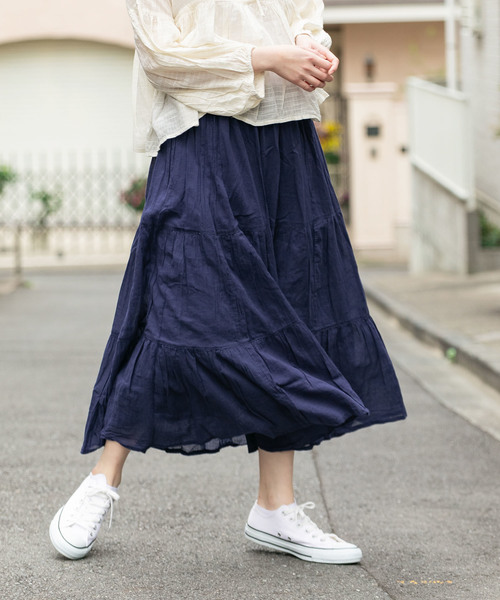 THE MORNING AFTER（ザ モーニング アフター）の「ふんわり マキシ丈 ティアードスカート（スカート・レディース・ネイビー/オフホワイト/カーキ/イエロー/ラベンダー/ターコイズブルー・FREE）」の21枚目の写真