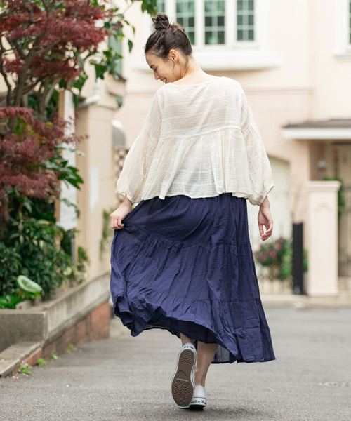 THE MORNING AFTER（ザ モーニング アフター）の「ふんわり マキシ丈 ティアードスカート（スカート・レディース・ネイビー/オフホワイト/カーキ/イエロー/ラベンダー/ターコイズブルー・FREE）」の9枚目の写真