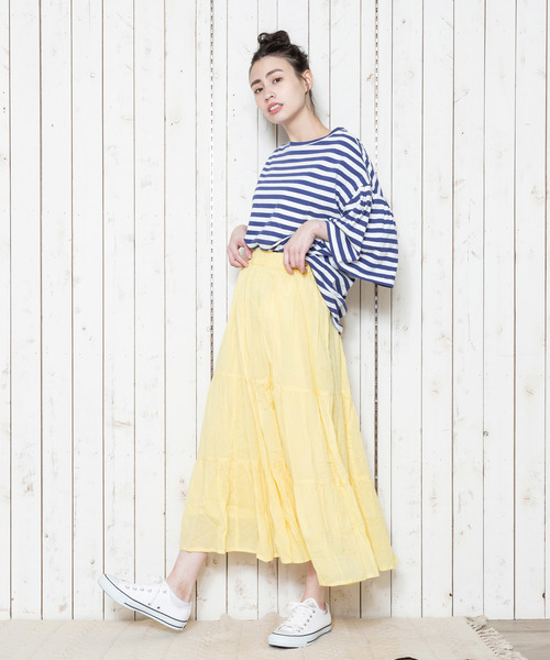 THE MORNING AFTER（ザ モーニング アフター）の「ふんわり マキシ丈 ティアードスカート（スカート・レディース・ネイビー/オフホワイト/カーキ/イエロー/ラベンダー/ターコイズブルー・FREE）」の10枚目の写真
