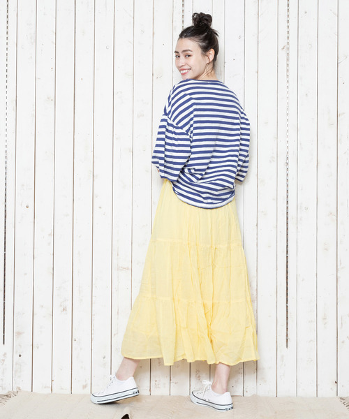 THE MORNING AFTER（ザ モーニング アフター）の「ふんわり マキシ丈 ティアードスカート（スカート・レディース・ネイビー/オフホワイト/カーキ/イエロー/ラベンダー/ターコイズブルー・FREE）」の12枚目の写真