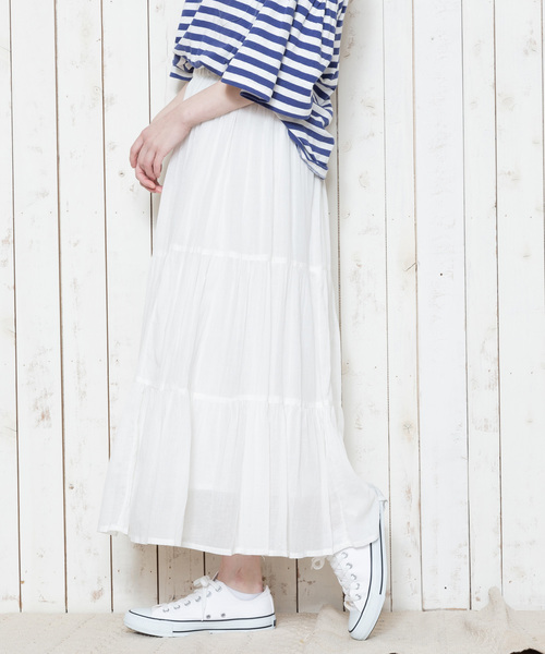 THE MORNING AFTER（ザ モーニング アフター）の「ふんわり マキシ丈 ティアードスカート（スカート・レディース・ネイビー/オフホワイト/カーキ/イエロー/ラベンダー/ターコイズブルー・FREE）」の14枚目の写真