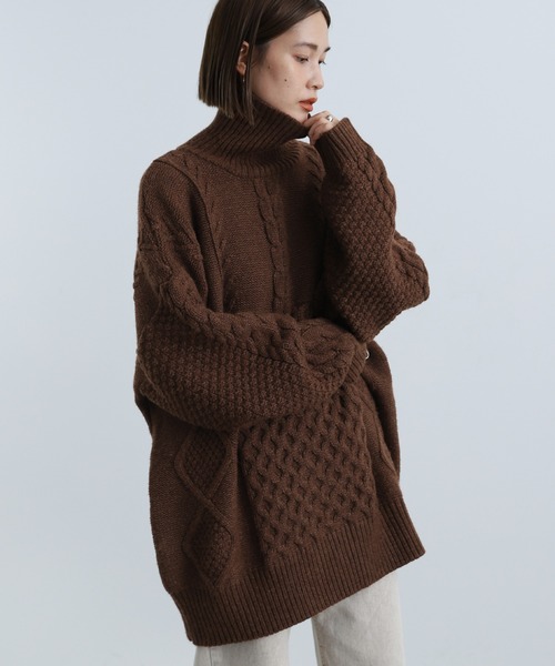 select MOCA（セレクトモカ）の「ランダムケーブルタートルニット（ニット/セーター・レディース・ブラック/パープル/アイボリー/ミント/ブラウン/ターメリック・FREE）」の5枚目の写真