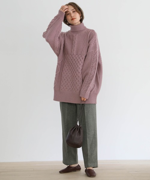 select MOCA（セレクトモカ）の「ランダムケーブルタートルニット（ニット/セーター・レディース・ブラック/パープル/アイボリー/ミント/ブラウン/ターメリック・FREE）」の7枚目の写真