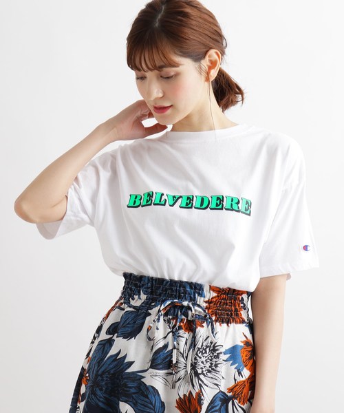 Champion（チャンピオン）の「【WEB限定カラーあり】championアソートロゴT（Tシャツ/カットソー・レディース・オフホワイト/ブラウン系/ワインレッド/ライトイエロー系8/ピンク系9/ブルー系7・02）」の2枚目の写真