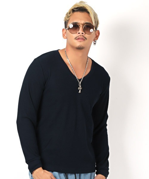 LUXSTYLE(ラグスタイル)の「ワッフルVネック長袖Tシャツ(Tシャツ/カットソー・メンズ・ベージュ/ブラック/ピンク/ネイビー/カーキ/グレー/ホワイト・XL/M/L)」の6枚目の写真