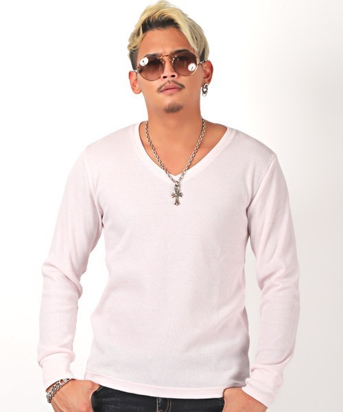 LUXSTYLE(ラグスタイル)の「ワッフルVネック長袖Tシャツ(Tシャツ/カットソー・メンズ・ベージュ/ブラック/ピンク/ネイビー/カーキ/グレー/ホワイト・XL/M/L)」の7枚目の写真