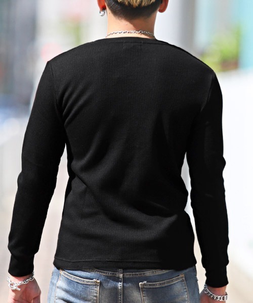 LUXSTYLE(ラグスタイル)の「ワッフルVネック長袖Tシャツ(Tシャツ/カットソー・メンズ・ベージュ/ブラック/ピンク/ネイビー/カーキ/グレー/ホワイト・XL/M/L)」の8枚目の写真