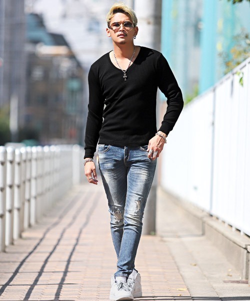 LUXSTYLE(ラグスタイル)の「ワッフルVネック長袖Tシャツ(Tシャツ/カットソー・メンズ・ベージュ/ブラック/ピンク/ネイビー/カーキ/グレー/ホワイト・XL/M/L)」の11枚目の写真
