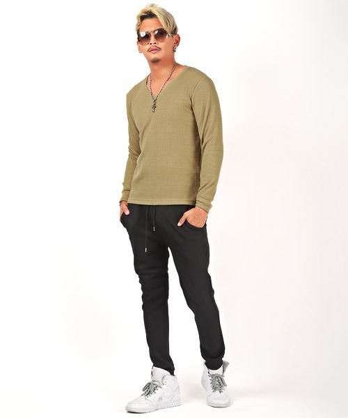 LUXSTYLE(ラグスタイル)の「ワッフルVネック長袖Tシャツ(Tシャツ/カットソー・メンズ・ベージュ/ブラック/ピンク/ネイビー/カーキ/グレー/ホワイト・XL/M/L)」の15枚目の写真