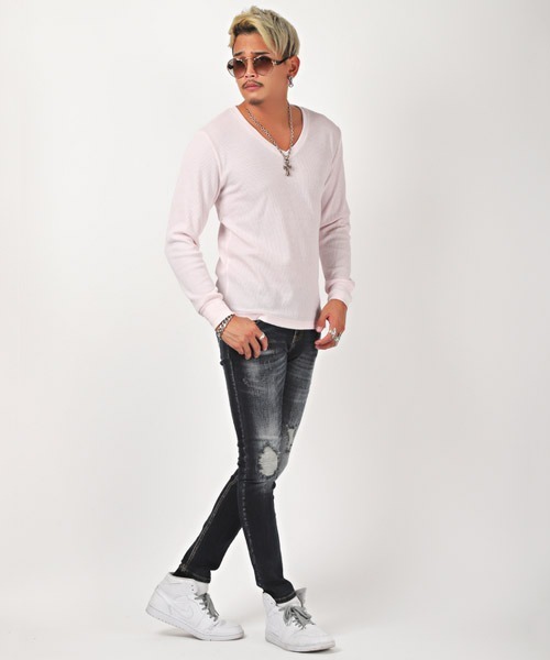 LUXSTYLE(ラグスタイル)の「ワッフルVネック長袖Tシャツ(Tシャツ/カットソー・メンズ・ベージュ/ブラック/ピンク/ネイビー/カーキ/グレー/ホワイト・XL/M/L)」の16枚目の写真