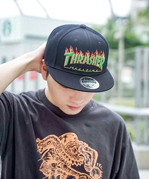 FLAME LOGOポリエステルサージ平ツバCAP/スラッシャー 帽子 キャップ フレイムロゴ