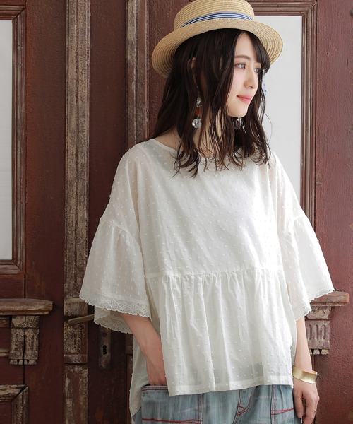 n'OrLABEL（ノアールレーベル）の「【廃盤】『フレアレース袖ドビードットブラウス』（シャツ/ブラウス・レディース・ブラック/オフホワイト/ピンク/イエロー・FREE）」の5枚目の写真