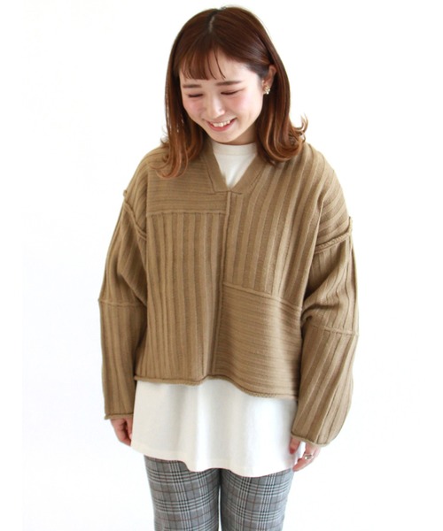 ehka sopo（エヘカソポ）の「キーネックパッチワークニット（ニット/セーター・レディース・ベージュ/チャコール/キナリ・ﾌﾘ-）」の3枚目の写真