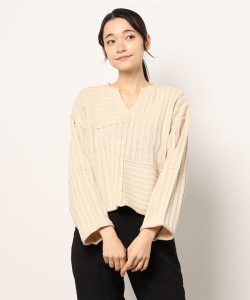 ehka sopo（エヘカソポ）の「キーネックパッチワークニット（ニット/セーター・レディース・ベージュ/チャコール/キナリ・ﾌﾘ-）」の6枚目の写真