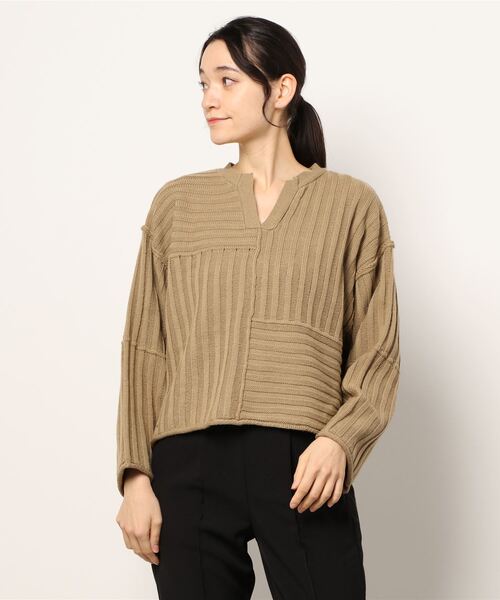 ehka sopo（エヘカソポ）の「キーネックパッチワークニット（ニット/セーター・レディース・ベージュ/チャコール/キナリ・ﾌﾘ-）」の7枚目の写真