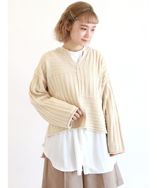 ehka sopo（エヘカソポ）の「キーネックパッチワークニット（ニット/セーター・レディース・ベージュ/チャコール/キナリ・ﾌﾘ-）」の12枚目の写真