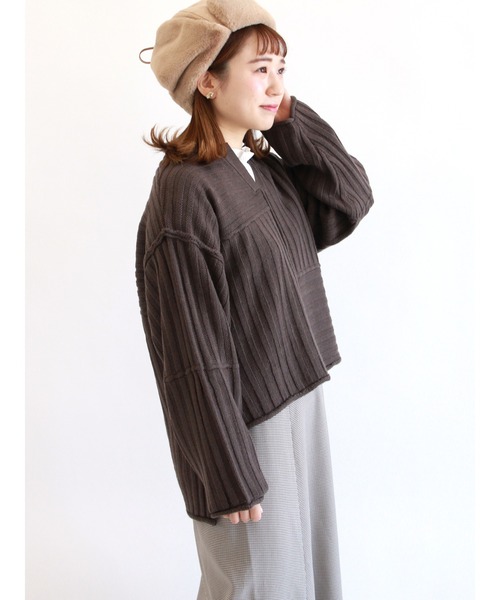 ehka sopo（エヘカソポ）の「キーネックパッチワークニット（ニット/セーター・レディース・ベージュ/チャコール/キナリ・ﾌﾘ-）」の16枚目の写真