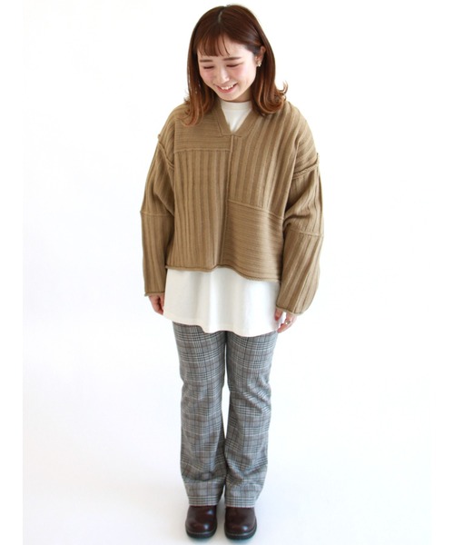 ehka sopo（エヘカソポ）の「キーネックパッチワークニット（ニット/セーター・レディース・ベージュ/チャコール/キナリ・ﾌﾘ-）」の19枚目の写真