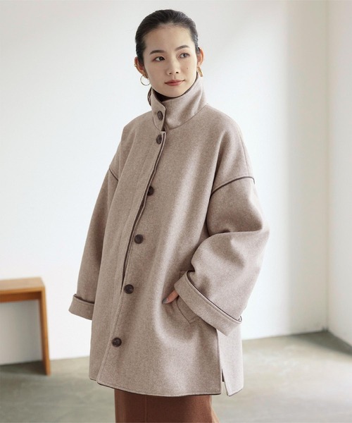 titivate（ティティベイト）の「ﾊﾟｲﾋﾟﾝｸﾞｽﾀﾝﾄﾞｶﾗｰﾊｰﾌｺｰﾄ（ステンカラーコート・レディース・オリーブ/アイボリー/モカ・M）」の3枚目の写真