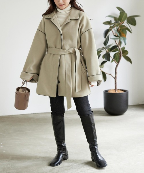 titivate（ティティベイト）の「ﾊﾟｲﾋﾟﾝｸﾞｽﾀﾝﾄﾞｶﾗｰﾊｰﾌｺｰﾄ（ステンカラーコート・レディース・オリーブ/アイボリー/モカ・M）」の20枚目の写真