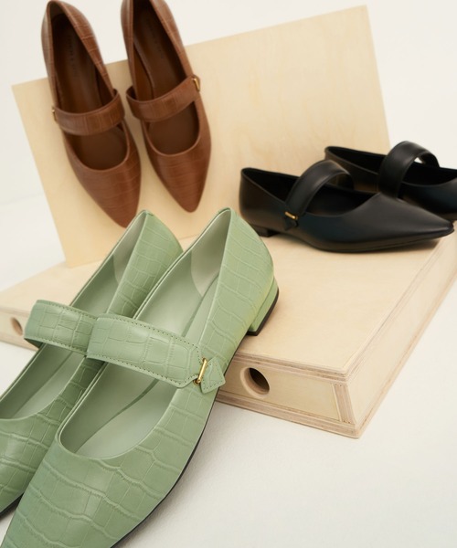 クロックエフェクトポインテッドトゥメリージェーンフラット/Croc-EffectPointed-ToeMaryJaneFlats
