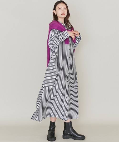 LAVEANGE(ラビアンジェ)の「ストライプ切替シャツワンピース(シャツワンピース・レディース・グリーン/ブラック/ネイビー・5L/LL/3L/4L/M)」の6枚目の写真