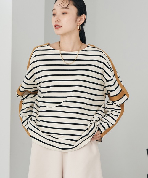 earth music&ecology（アースミュージックアンドエコロジー）の「カラーパイピングボーダープルオーバー（Tシャツ/カットソー・レディース・ブラウン/グレー/グリーン/アイボリー・FREE）」の2枚目の写真