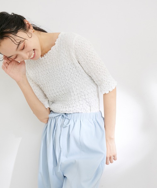 VIS（ビス）の「ふくれジャガード5分袖カットソー（Tシャツ/カットソー・レディース・ブラック/サックスブルー/ホワイト・FREE）」の7枚目の写真