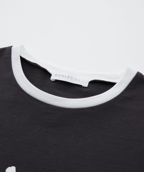 BONLECILL(ボンルシール)の「手書きロゴプリント 配色リンガー半袖Tシャツ(Tシャツ/カットソー・レディース・ネイビー/チャコールグレー/オフホワイト・FREE)」の6枚目の写真