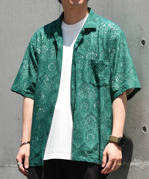 SHIPS any（シップス エニィ）の「SHIPS any: ボタニカル レース シアー オープンカラー メッシュ シャツ◇（シャツ/ブラウス・メンズ・ホワイト/グリーン/ブラック・SMALL/LARGE/MEDIUM）」の3枚目の写真