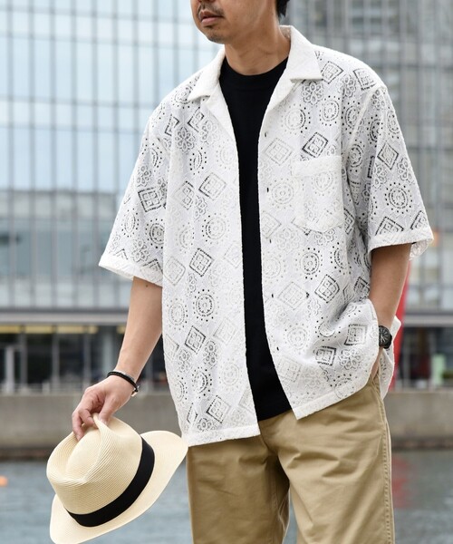 SHIPS any（シップス エニィ）の「SHIPS any: ボタニカル レース シアー オープンカラー メッシュ シャツ◇（シャツ/ブラウス・メンズ・ホワイト/グリーン/ブラック・SMALL/LARGE/MEDIUM）」の20枚目の写真