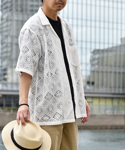 SHIPS any（シップス エニィ）の「SHIPS any: ボタニカル レース シアー オープンカラー メッシュ シャツ◇（シャツ/ブラウス・メンズ・ホワイト/グリーン/ブラック・SMALL/LARGE/MEDIUM）」の21枚目の写真