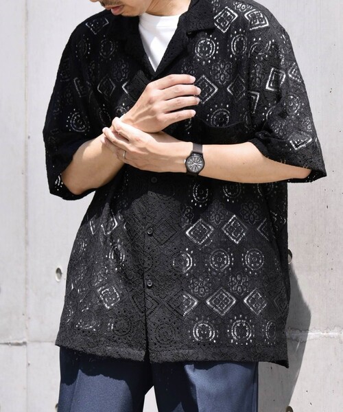 SHIPS any（シップス エニィ）の「SHIPS any: ボタニカル レース シアー オープンカラー メッシュ シャツ◇（シャツ/ブラウス・メンズ・ホワイト/グリーン/ブラック・SMALL/LARGE/MEDIUM）」の12枚目の写真