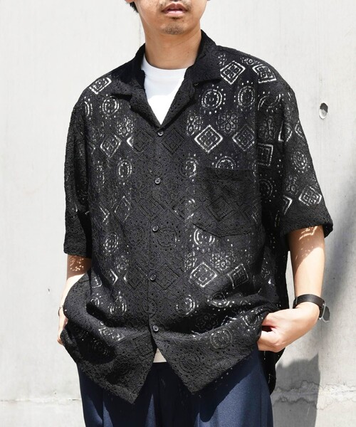 SHIPS any（シップス エニィ）の「SHIPS any: ボタニカル レース シアー オープンカラー メッシュ シャツ◇（シャツ/ブラウス・メンズ・ホワイト/グリーン/ブラック・SMALL/LARGE/MEDIUM）」の13枚目の写真