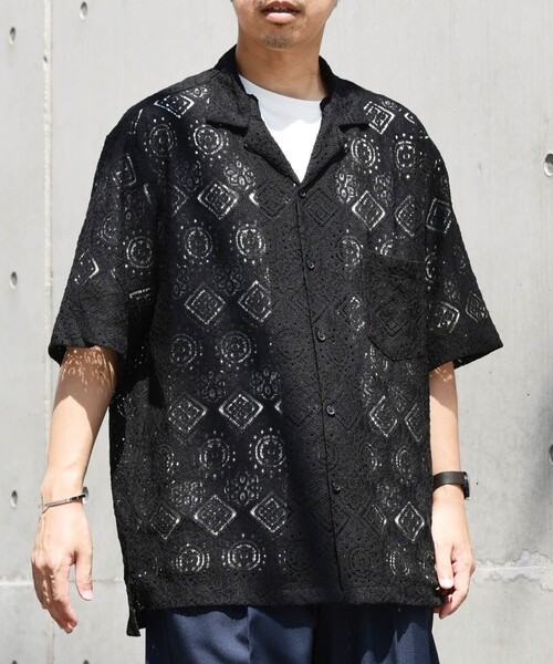 SHIPS any（シップス エニィ）の「SHIPS any: ボタニカル レース シアー オープンカラー メッシュ シャツ◇（シャツ/ブラウス・メンズ・ホワイト/グリーン/ブラック・SMALL/LARGE/MEDIUM）」の14枚目の写真