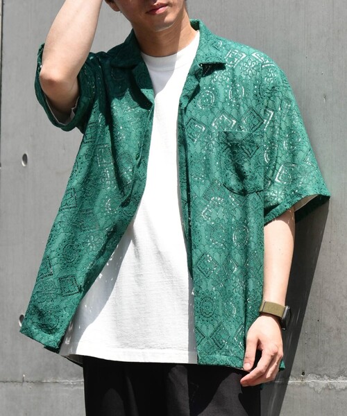 SHIPS any（シップス エニィ）の「SHIPS any: ボタニカル レース シアー オープンカラー メッシュ シャツ◇（シャツ/ブラウス・メンズ・ホワイト/グリーン/ブラック・SMALL/LARGE/MEDIUM）」の5枚目の写真