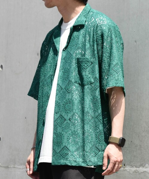 SHIPS any（シップス エニィ）の「SHIPS any: ボタニカル レース シアー オープンカラー メッシュ シャツ◇（シャツ/ブラウス・メンズ・ホワイト/グリーン/ブラック・SMALL/LARGE/MEDIUM）」の6枚目の写真