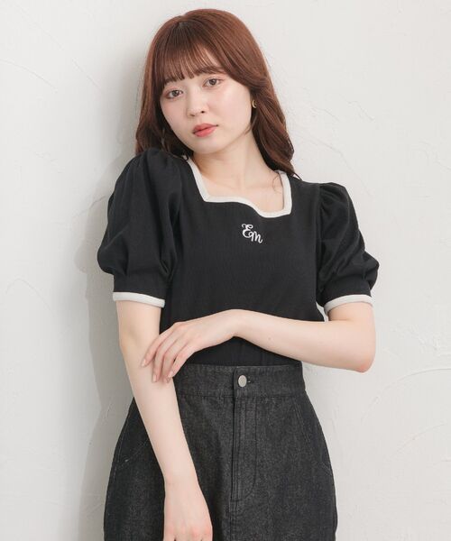トラロゴ刺繍5分袖カットソー(BLACK) 五分袖 カットソー ブラック 刺繍入り トラロゴ刺繍5分袖カットソー