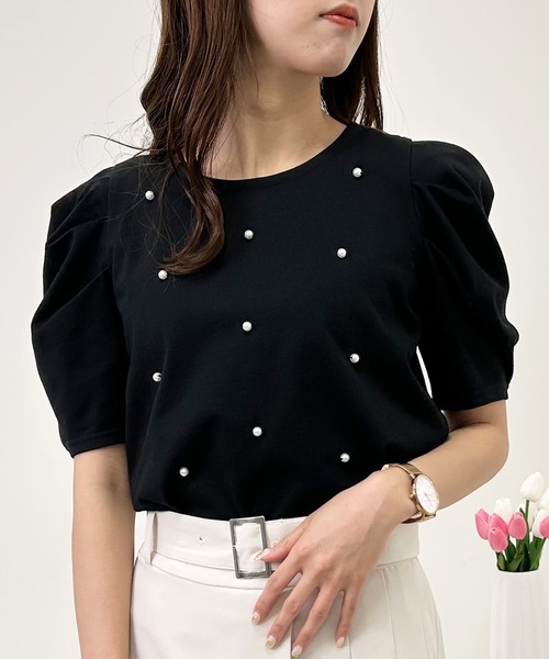 INGNI(イング)の「パール付きパワショルTシャツ(Tシャツ/カットソー・レディース・ミント/オフホワイト/ブラック・M)」の3枚目の写真