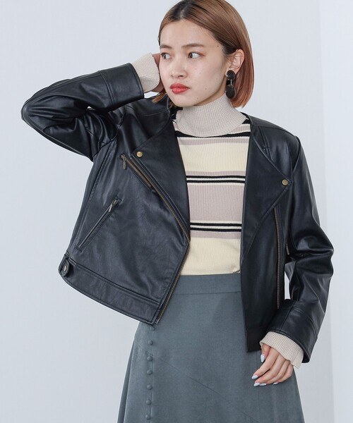 BEAMS HEART(ビームスハート)の「BEAMS HEART / ノーカラー フェイクレザー ブルゾン(ライダースジャケット・レディース・ブラック・SMALL/MEDIUM)」の5枚目の写真