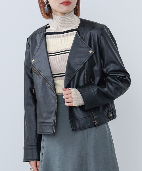 BEAMS HEART(ビームスハート)の「BEAMS HEART / ノーカラー フェイクレザー ブルゾン(ライダースジャケット・レディース・ブラック・SMALL/MEDIUM)」の18枚目の写真