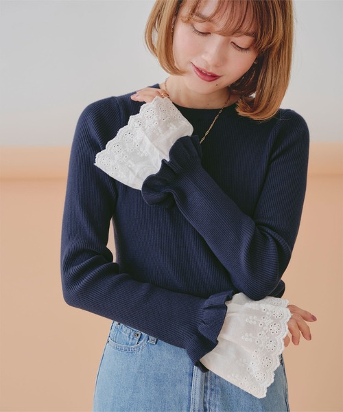 titivate(ティティベイト)の「クルーネック袖口レース2wayリブニット(ニット/セーター・レディース・アイボリー/ネイビー/ブラック・S/M)」の3枚目の写真